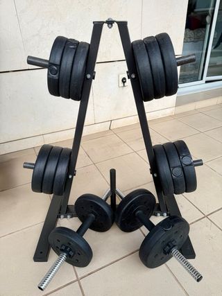 Soporte discos + mancuernas + 29 kg pesas