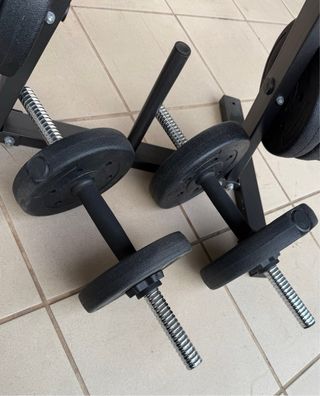 Soporte discos + mancuernas + 29 kg pesas