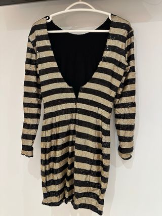 Vestido fiesta lentejuelas rayas oro y negro