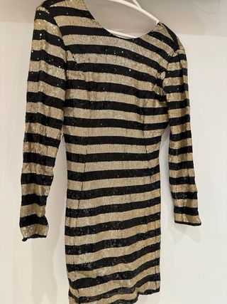 Vestido fiesta lentejuelas rayas oro y negro