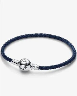 Pulsera Pandora Cuero Trenzado Azul Plata