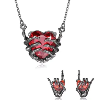 Collar y pendientes corazón esqueleto