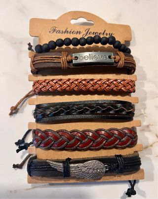 Set di 6 Bracciali Uomo in Pelle e Perline