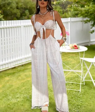 Conjunto mono + top tubo beige y blanco