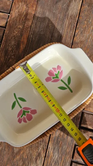 Bandeja cerámica y mimbre vintage flores