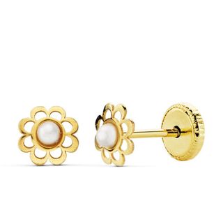 Pendientes Oro 18K Flor Perla Niña 5mm