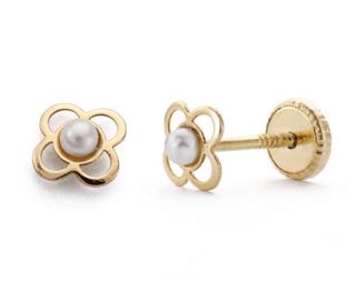 Pendientes Oro 18K Niña Trébol Perla 5mm