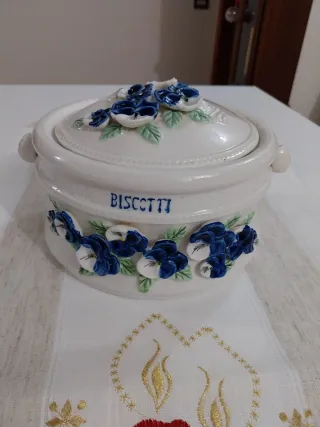 Biscottiera Vintage Ceramica Fiori Blu
