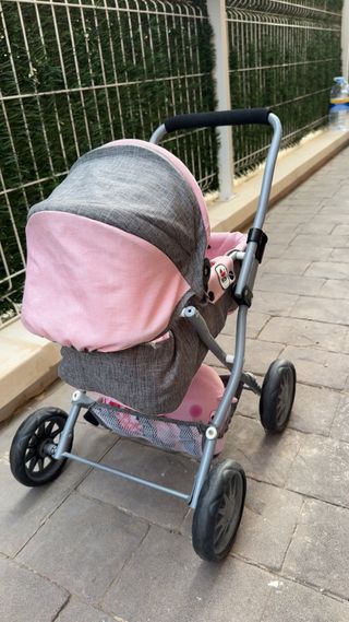 Cochecito de juguete rosa y gris