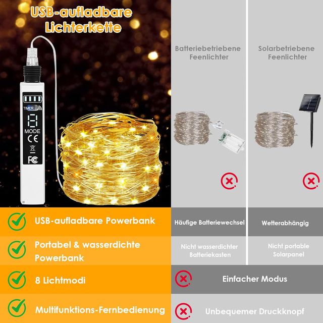 Cadena de luces LED para exteriores, 20 m, 200 led