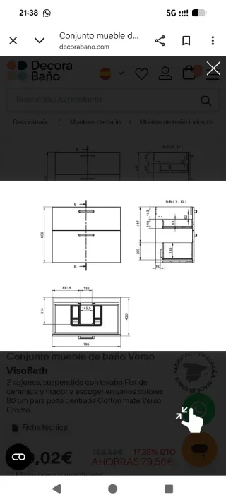 Mueble de lavabo 80cm con lavabo cerámico