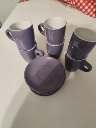 Juego Tazas Café Platos Morados Cerámica