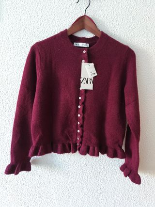 Zara cardigan punto volantes granate M nuevo