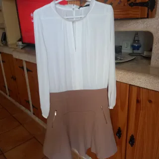Vestido Sfera Blanco y Marrón Talla S Nuevo