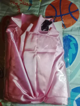 Bata sexy satinada rosa encaje negro L