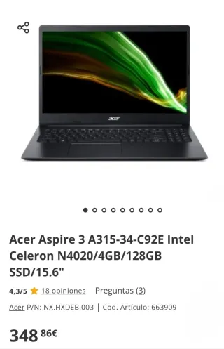 Acer Aspire 3 Celeron 4GB 128GB SSD 15.6