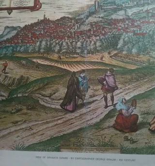 Litografie storiche di Bilbao e Granada del XVI secolo, con timbro
