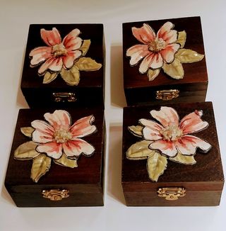 4x Cofanetti Legno Decorati Fiori Fatti a Mano