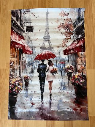 Lienzo 60x90cm Pareja París Lluvia Torre Eiffel