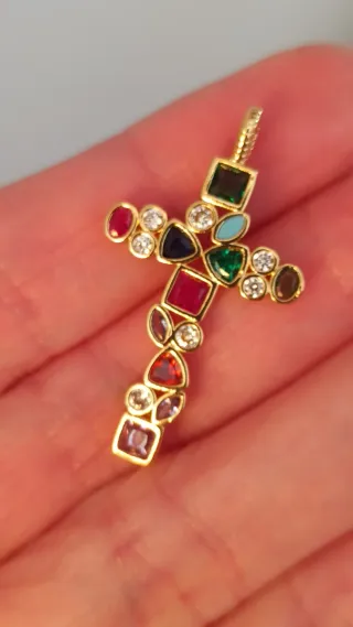 Colgante Cruz Acero Dorado Piedras Semipreciosas