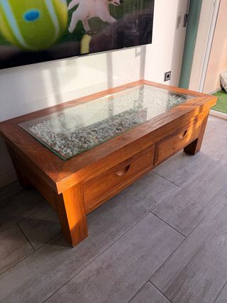 Tavolino in legno di teak riciclato con piano in vetro