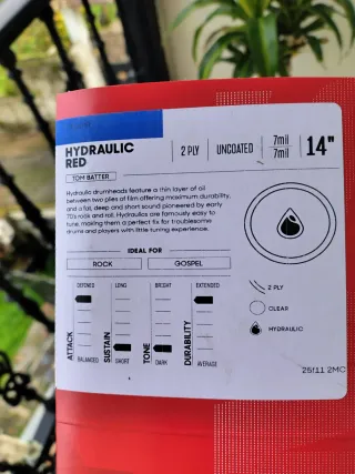 Parche Batería Evans Rojo Hydraulic 14"SIN USAR