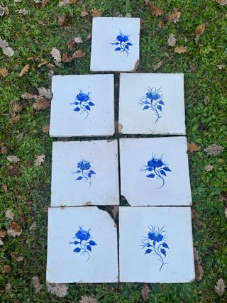 7 Azulejos Catalanes Antiguos Flor Azul