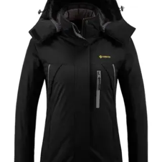 GEMYSE - Chaqueta de esquí de montaña impermeable para mujer, forro polar resistente al viento, abrigo de invierno con capucha (negro, XL)