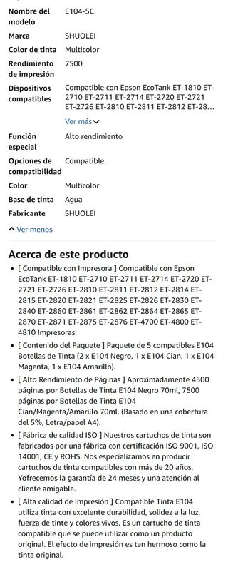 NUEVO Pack 5 Botellas Tinta Epson E104 EcoTank