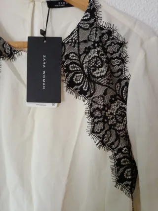 Camisa Zara Mujer Encaje Blanca Talla M