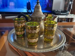 Juego Tetera y Vasos Vidrio Dorado