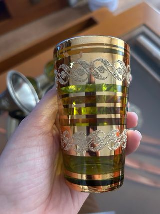 Juego Tetera y Vasos Vidrio Dorado