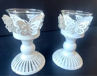 Set portavelas cristal y metal mariposa