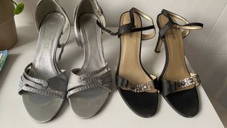 2 Pares Sandalias Fiesta Tacon Plata y Negro