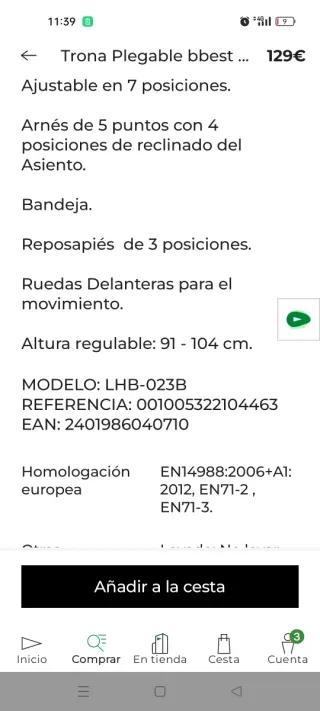 Trona de bebé con bandeja