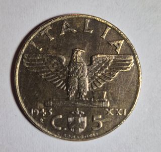 Italia, 5 centesimi 1943. Raro per Gigante. SPL.