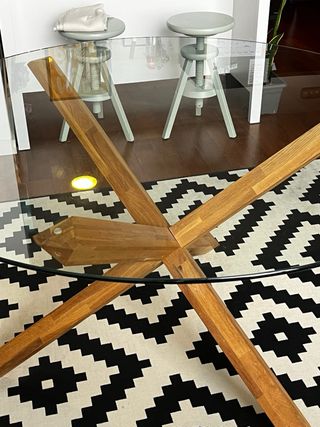 Mesa comedor redonda cristal patas madera