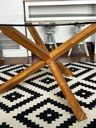 Mesa comedor redonda cristal patas madera