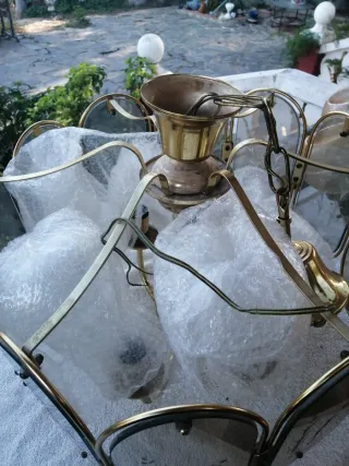 Lámpara colgante vintage dorada y cristal