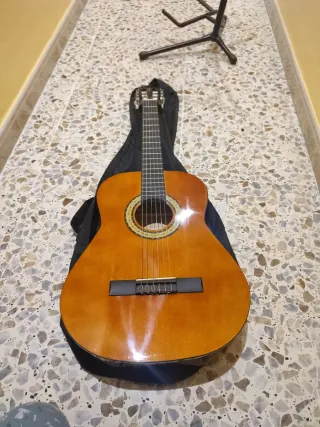 Guitarra española, funda y soporte