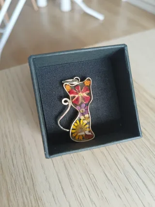 Colgante Gato Plata Flores Secas