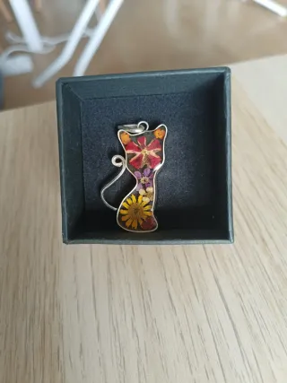 Colgante Gato Plata Flores Secas