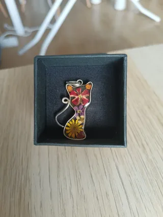 Colgante Gato Plata Flores Secas