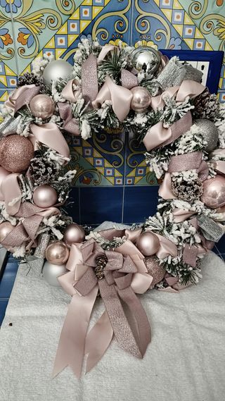 Ghirlanda Natalizia Shabby Chic Rosa e Argento