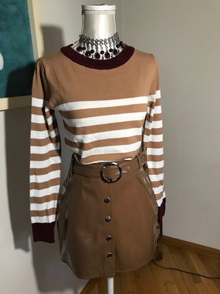Conjunto Jersey Rayas y Falda Marrón
