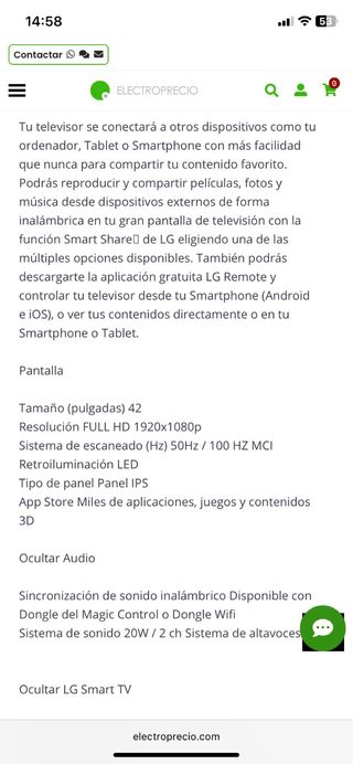 Smart TV LG 42 blanco y plata