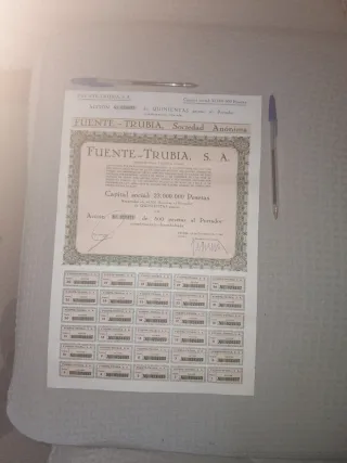 Acción FUENTE-TRUBIA S.A. 500 pesetas