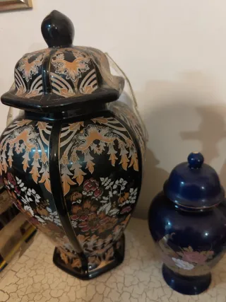 Jarrón Chino Cerámica Negro y Azul