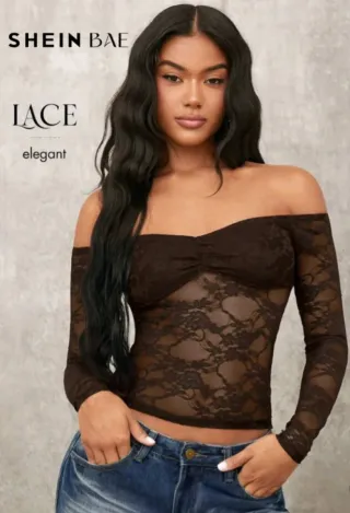 Camiseta SHEIN BAE encaje manga larga