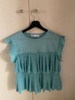 Top Zara Talla L Turquesa Brillo